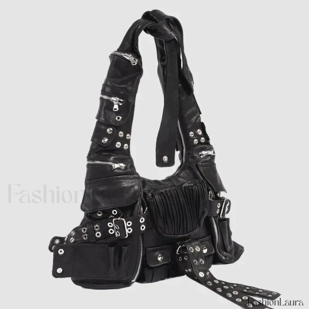 Luxury Moto Rivet Multiple Designer Knot Strap Pockets Shoulder Wide Bag