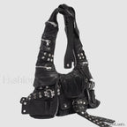 Luxury Moto Rivet Multiple Designer Knot Strap Pockets Shoulder Wide Bag