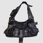 Luxury Moto Rivet Multiple Designer Knot Strap Pockets Shoulder Wide Bag