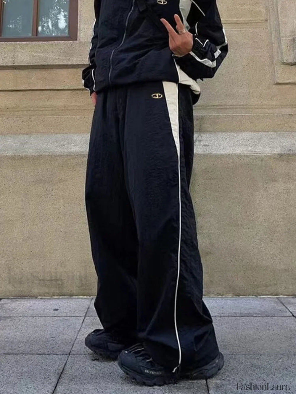 Men’s Contrast Paneled Loose Parachute Pants Black / L Wide Leg Pants