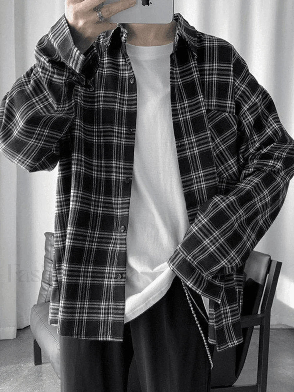 Men’s Long Sleeve Checkered Button Shirt Tops&Tees