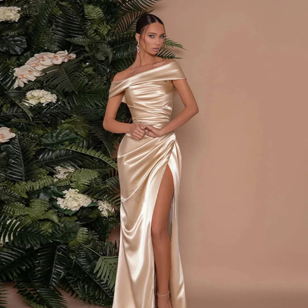Mercerized One Shoulder Split Hem Maxi Dress Champagne / XS