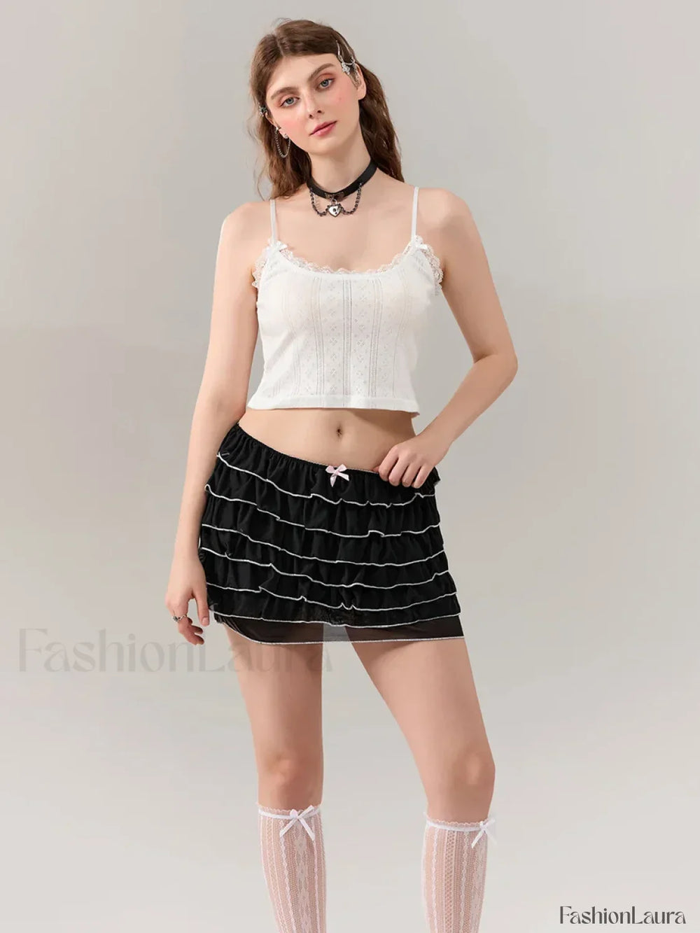 Mesh Bow Layered Mini Skirt BLACK / S