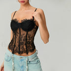 Mesh Bustier Lace Embroidery Corset Spaghetti Strap Crop Top black / S