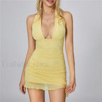 Mesh Deep V Neck Mini Dress Yellow / S