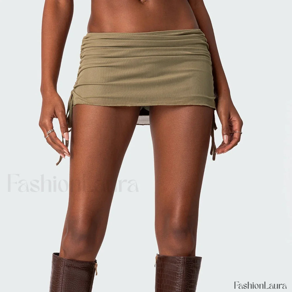 Mesh Double Layered Ruched Skirt GREEN / S