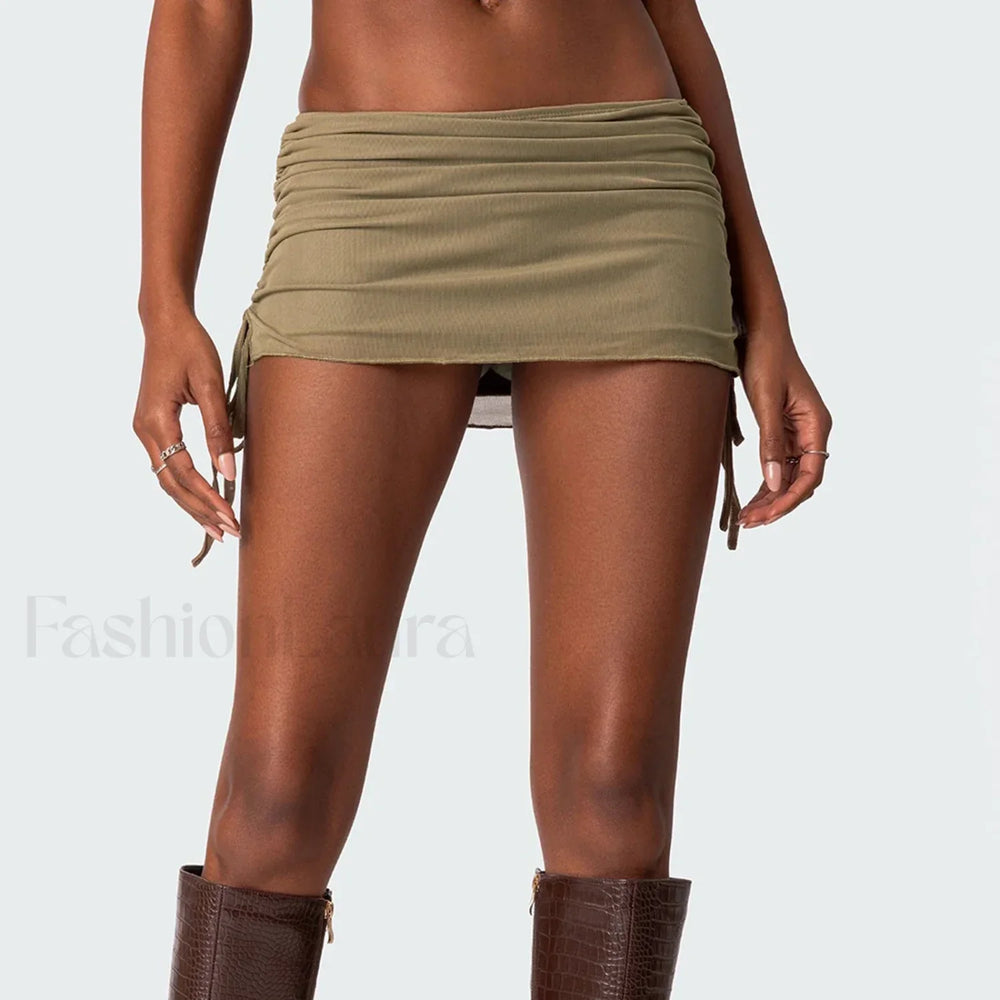 Mesh Double Layered Ruched Skirt GREEN / S