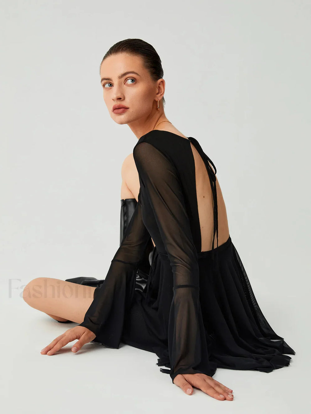 Mesh Flare Sleeve Trendy Open Back Short Dress Dresses