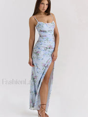 Mesh Floral Slit Bodycon Maxi Dress