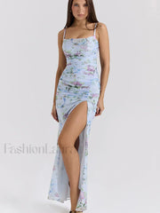 Mesh Floral Slit Bodycon Maxi Dress White / S