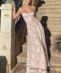 Mesh Floral Suspender Backless Maxi Dress Pink / S