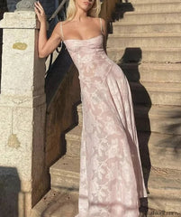 Mesh Floral Suspender Backless Maxi Dress Pink / S