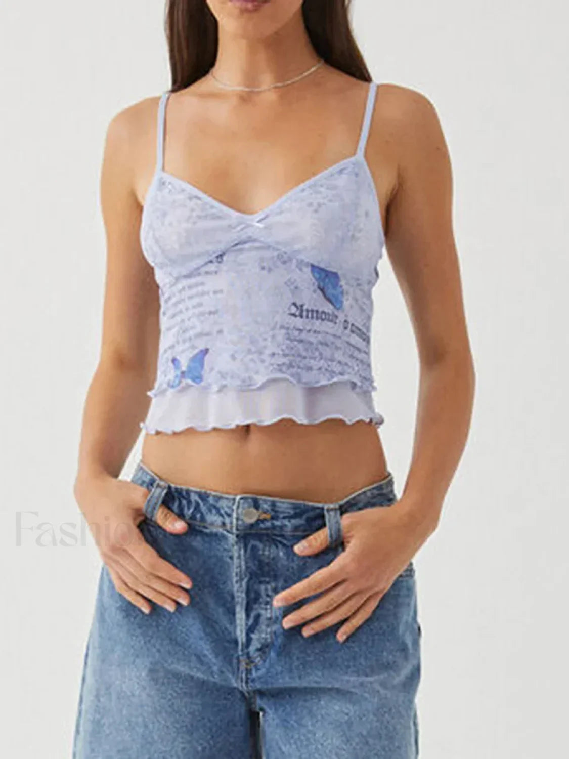 Mesh Graphic Bow Ruffle Crop Top