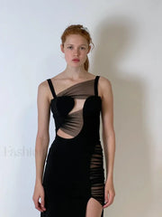 Mesh Hollow V Neck Maxi Dress