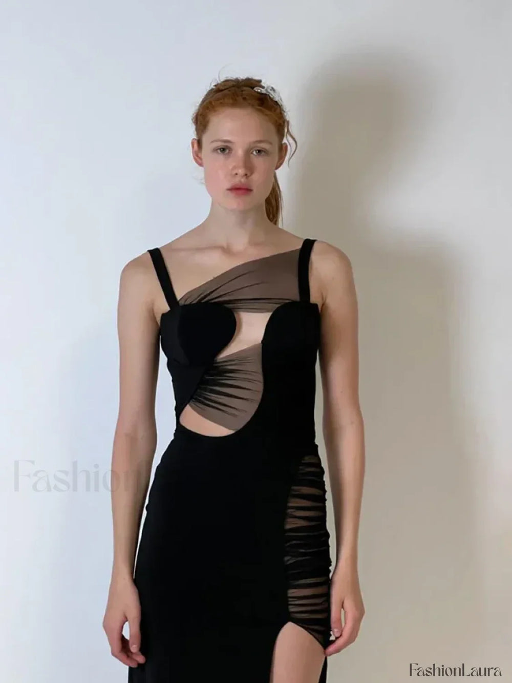 Mesh Hollow V Neck Maxi Dress