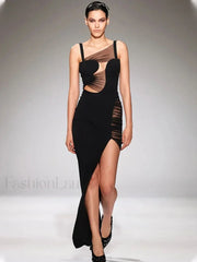 Mesh Hollow V Neck Maxi Dress Black / S