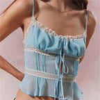 Mesh Lace Hollow Out Crop Top Blue / S