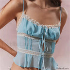 Mesh Lace Hollow Out Crop Top Blue / S