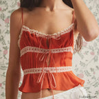 Mesh Lace Hollow Out Crop Top Orange / S