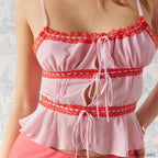 Mesh Lace Hollow Out Crop Top Pink / S