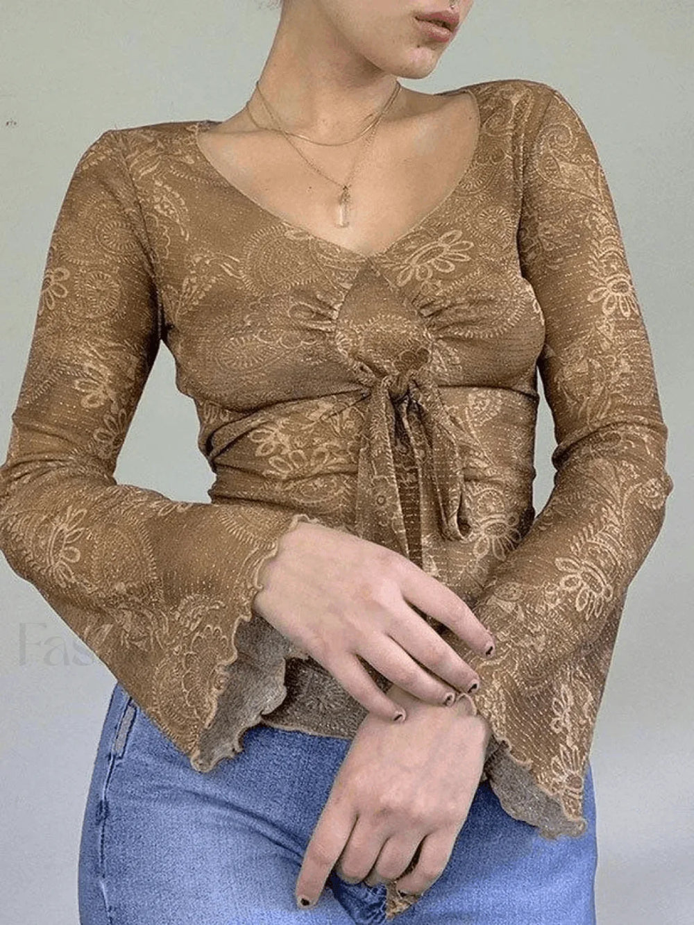 Mesh Lace Up Printed Blouse Brown / S Shirts