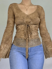 Mesh Lace Up Printed Blouse Shirts