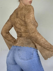 Mesh Lace Up Printed Blouse Shirts