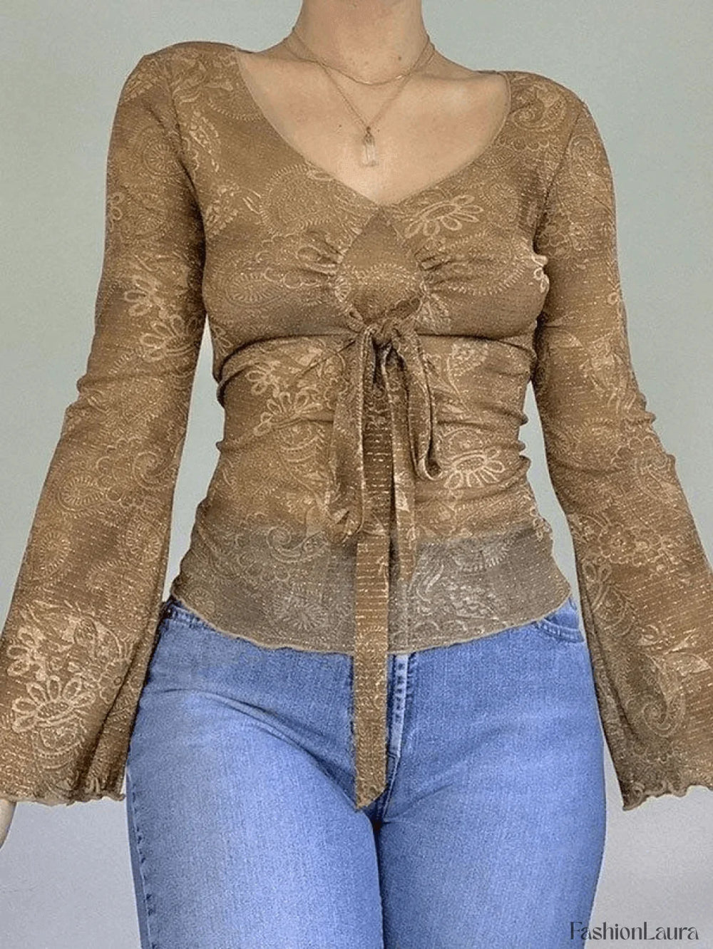 Mesh Lace Up Printed Blouse Shirts