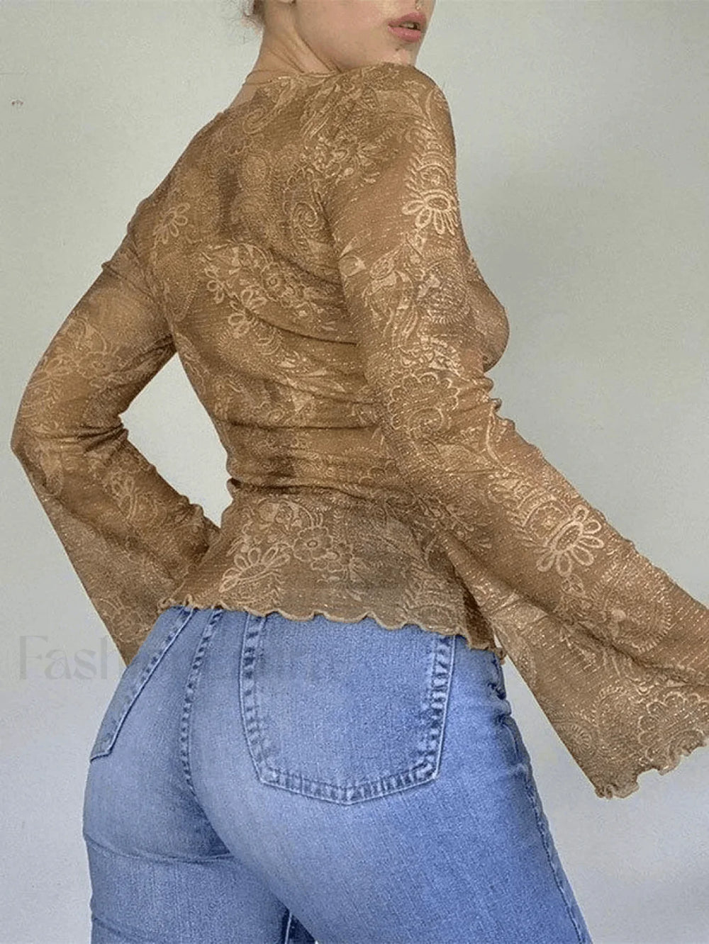 Mesh Lace Up Printed Blouse Shirts