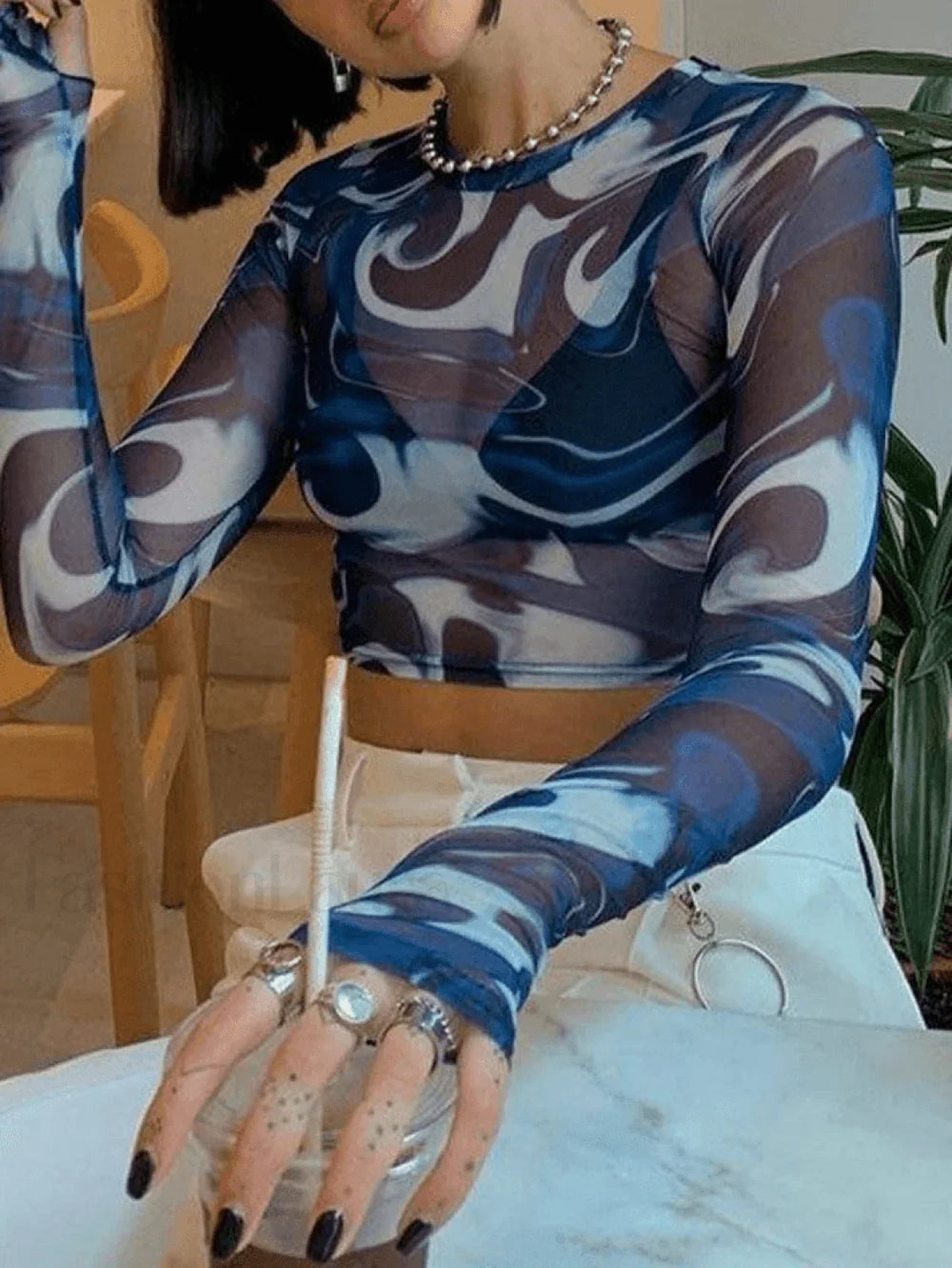 Mesh Long Sleeve Marble Print Crop Top Blue / S Tops&Tees