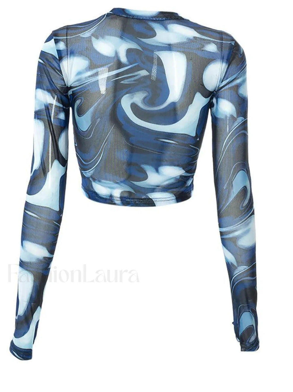 Mesh Long Sleeve Marble Print Crop Top Tops&Tees