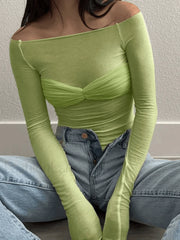 Mesh Long Sleeve Off Shoulder Top Green / S Tops&Tees