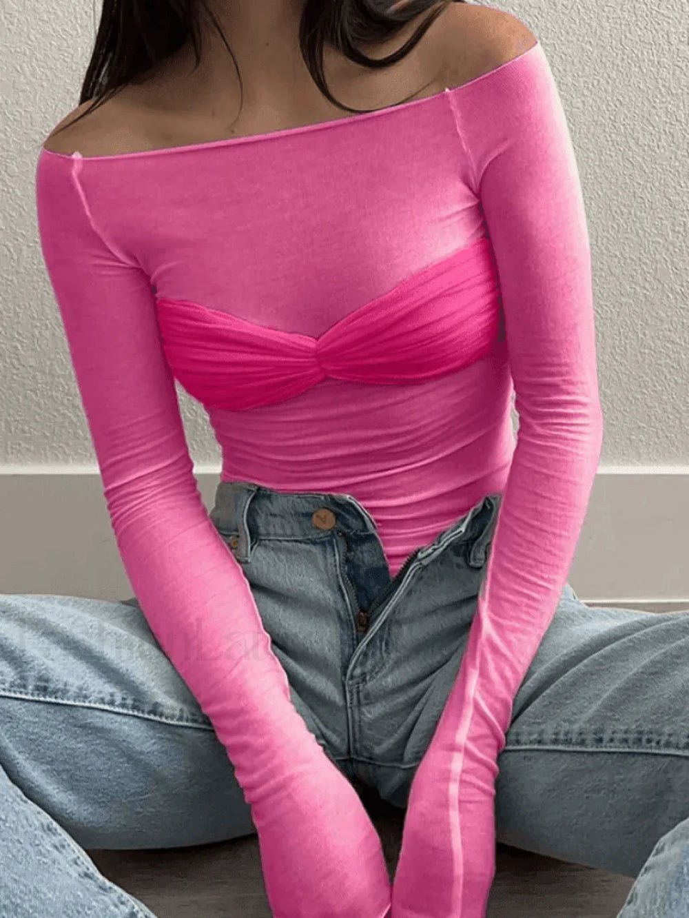 Mesh Long Sleeve Off Shoulder Top Pink / S Tops&Tees
