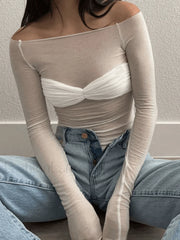 Mesh Long Sleeve Off Shoulder Top Tops&Tees