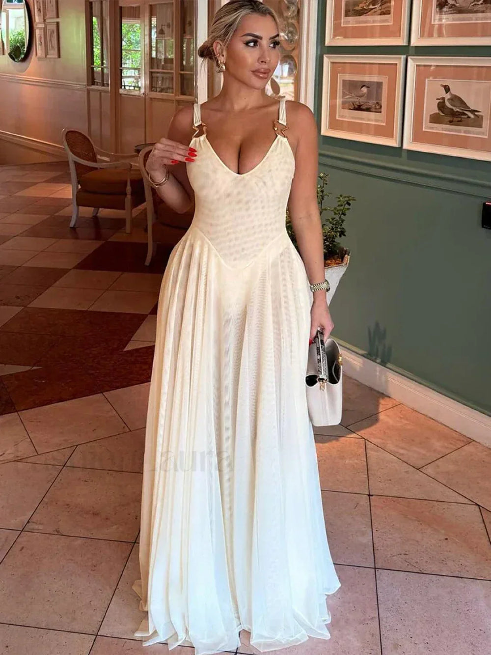 Mesh Metal Buckle Skinny Maxi Dress Khaki / S