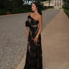 Mesh One Shoulder Flower Maxi Dress