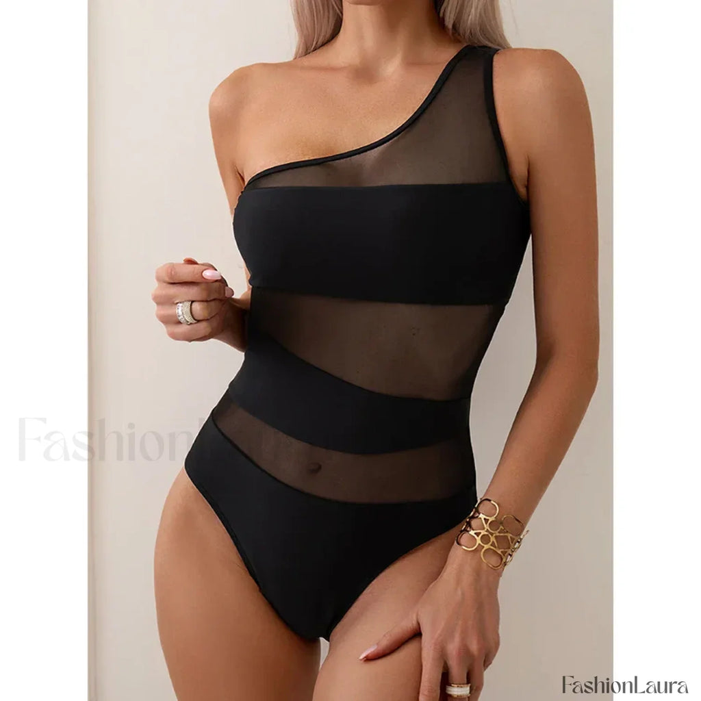 Mesh One Shoulder Solid One Piece Black / S