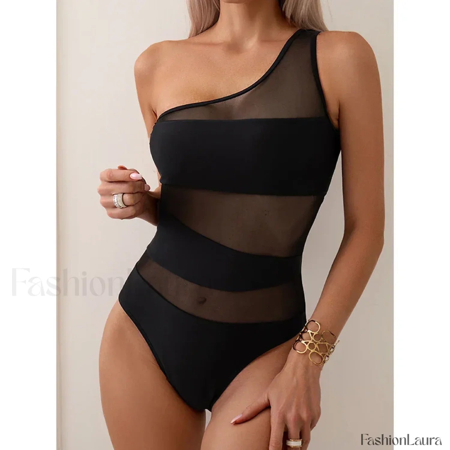 Mesh One Shoulder Solid One Piece Black / S