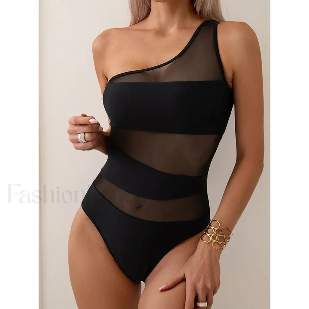Mesh One Shoulder Solid One Piece Black / S