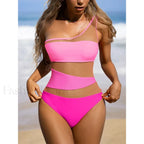 Mesh One Shoulder Solid One Piece Pink / S