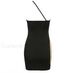 Mesh Panel One Shouder Bodycon Party Mini Dress Black Party Dresses L