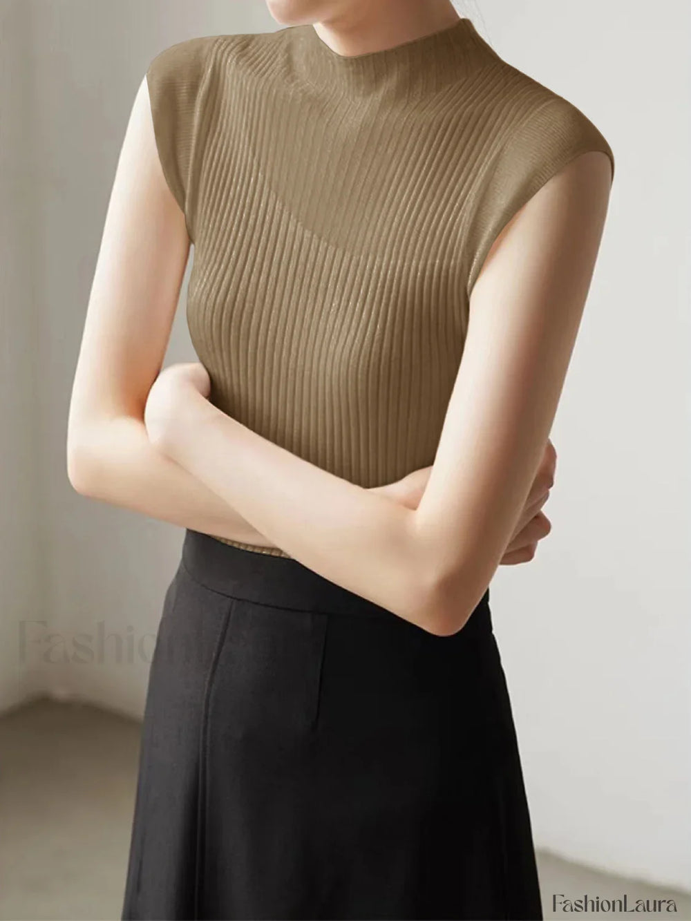 Mesh Patchwork Graceful Sleeveless Top Light Brown / XS Sweaters L