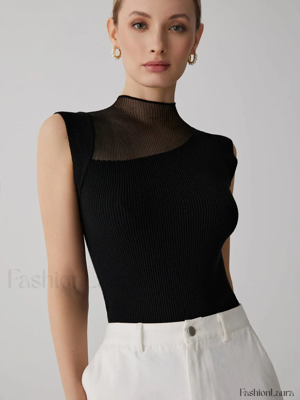 Mesh Patchwork Sleeveless Top Black / XS Knit Tops