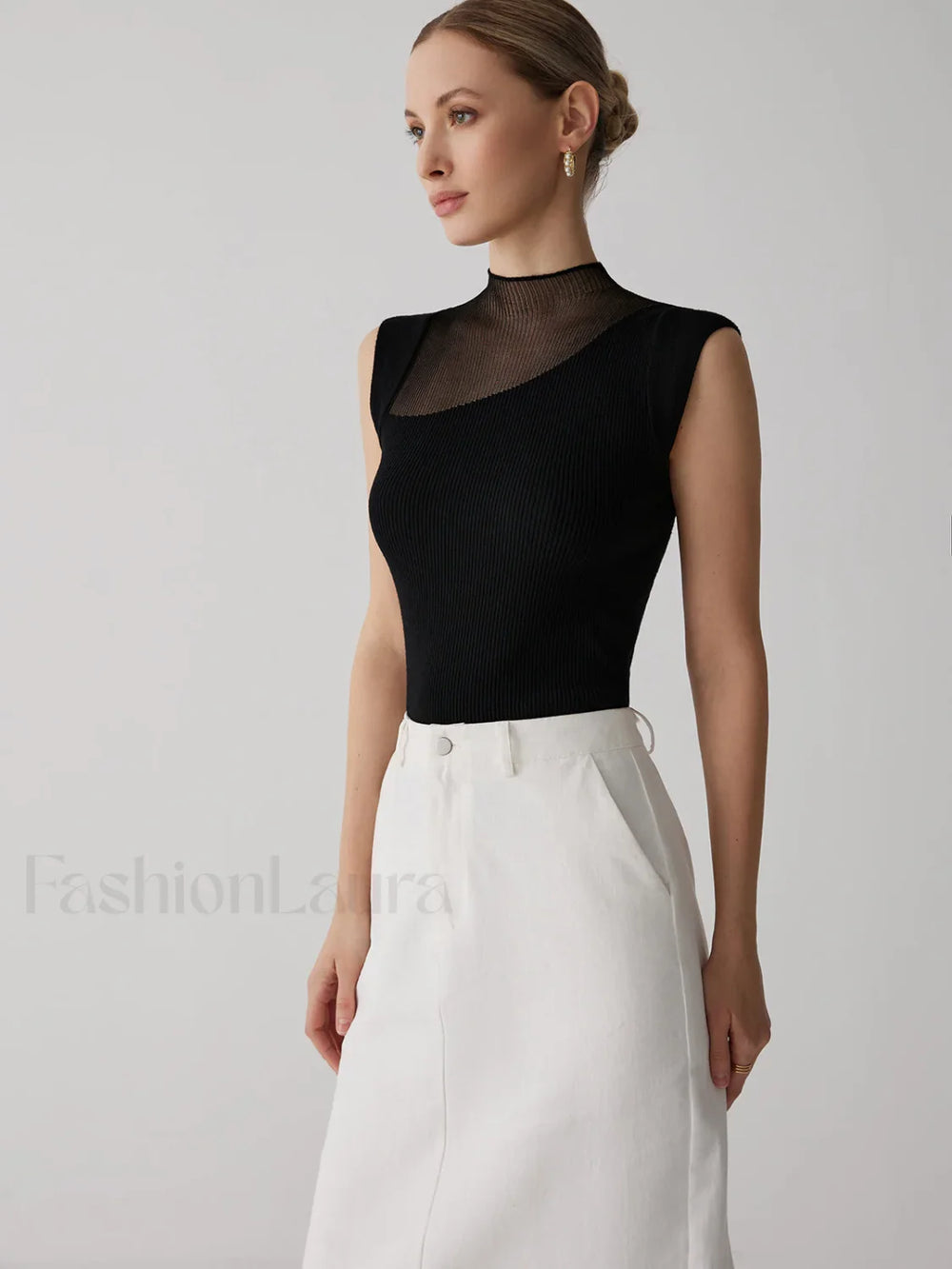 Mesh Patchwork Sleeveless Top Knit Tops