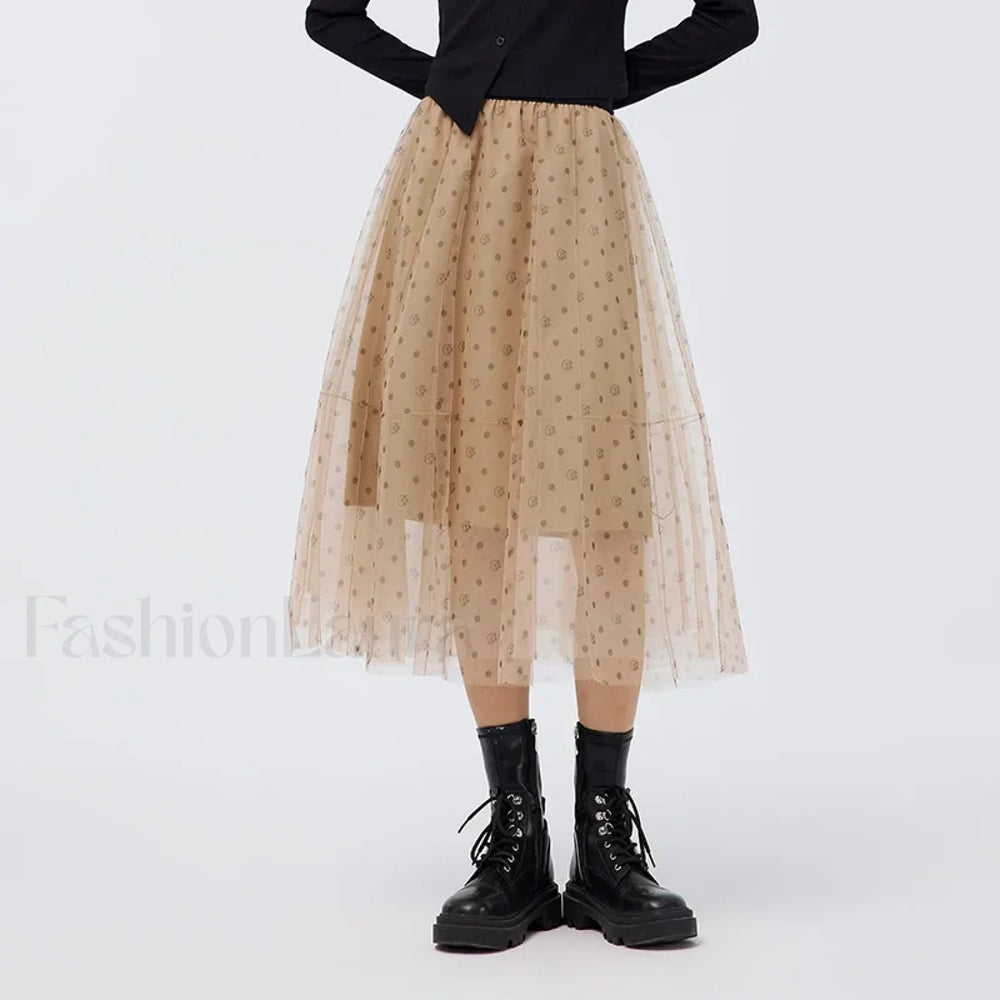 Mesh Polka Dot Umbrella Skirt coffee / S