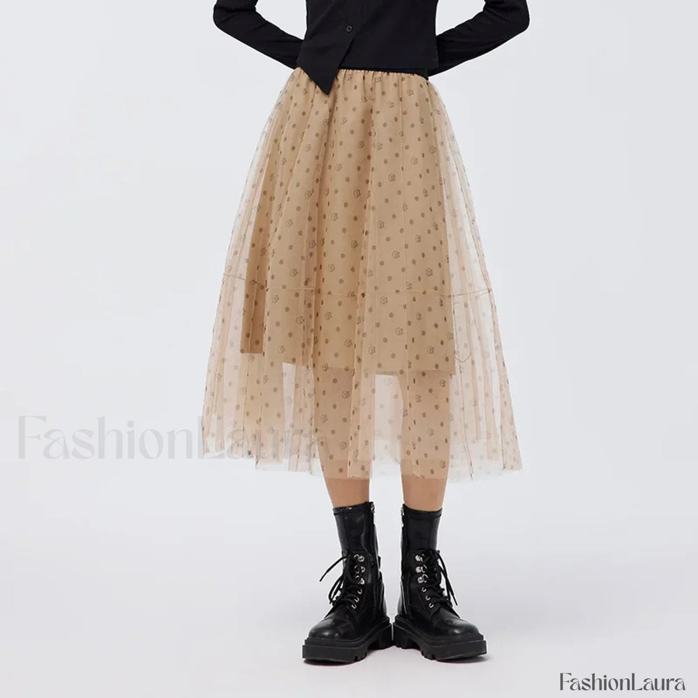 Mesh Polka Dot Umbrella Skirt coffee / S