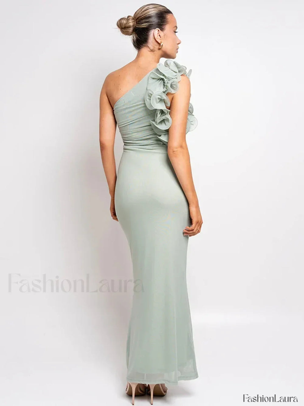 Mesh Ruched Oblique Maxi Dress