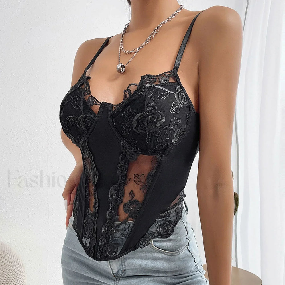 Mesh Sleeveless Corset Top Black L / Black Lace Tops