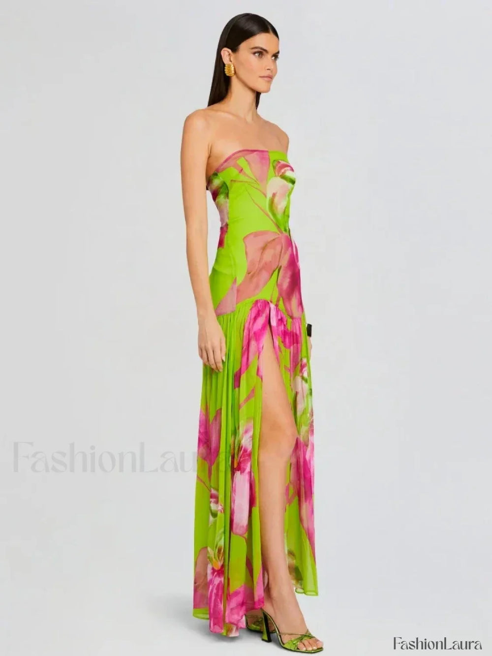 Mesh Slit Colorful Maxi Dress Green / S