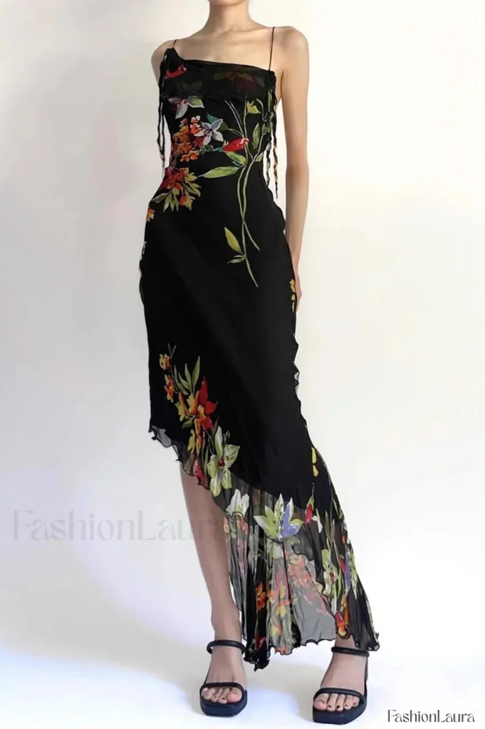 Mesh Stitching Irregular Pleated Plant Print Maxi Dress